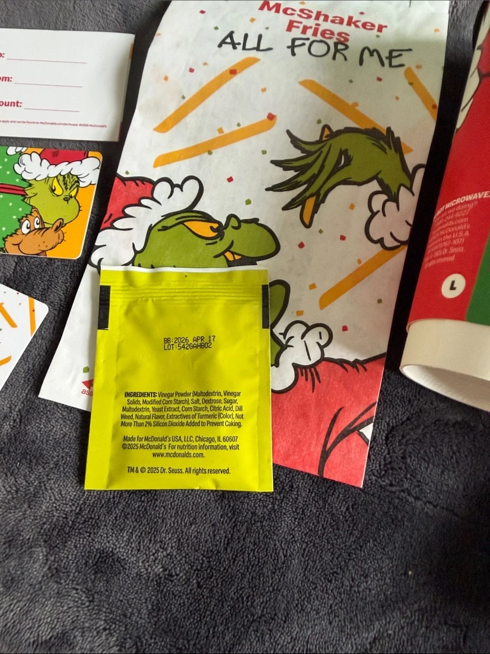 McDonald's The Grinch Holiday Party Set w/box cup shaker salt bag & unopened Sox